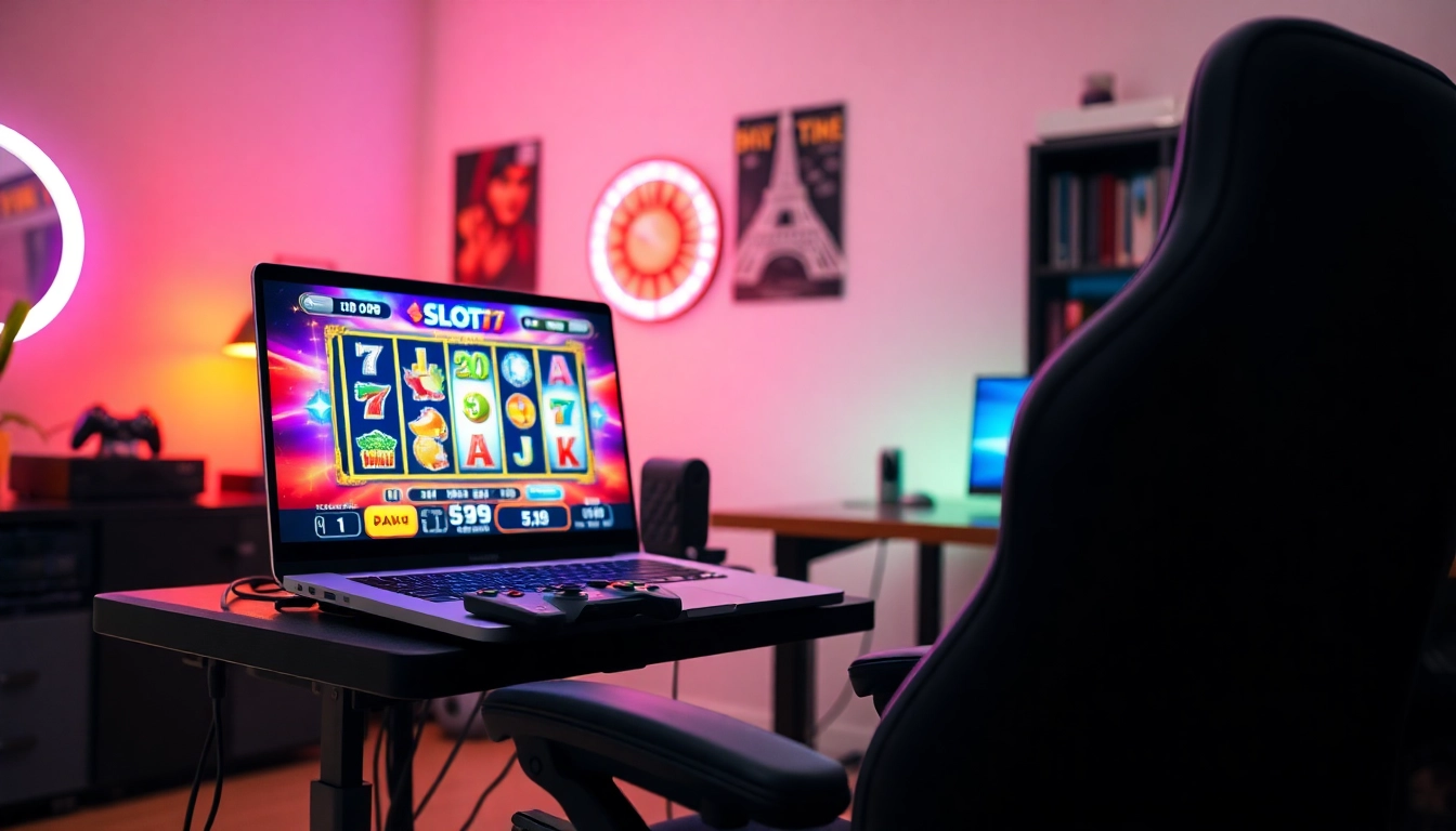 Menampilkan pengalaman bermain Slot77 yang menyenangkan dengan detail yang hidup dan penuh warna.