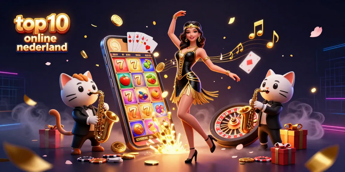 Engage with the vibrant world of top 10 online casino nederland featuring a stylish flapper and a musical cat amidst gaming excitement.