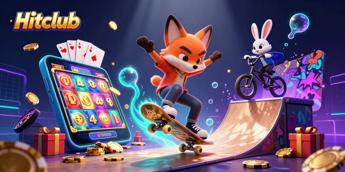 Hitclub showcases a vibrant casino-themed illustration with animated characters engaging in exciting gaming activities.