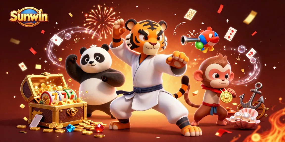 Sunwin showcases winning moments with a kung fu tiger mastering slot games and treasures.