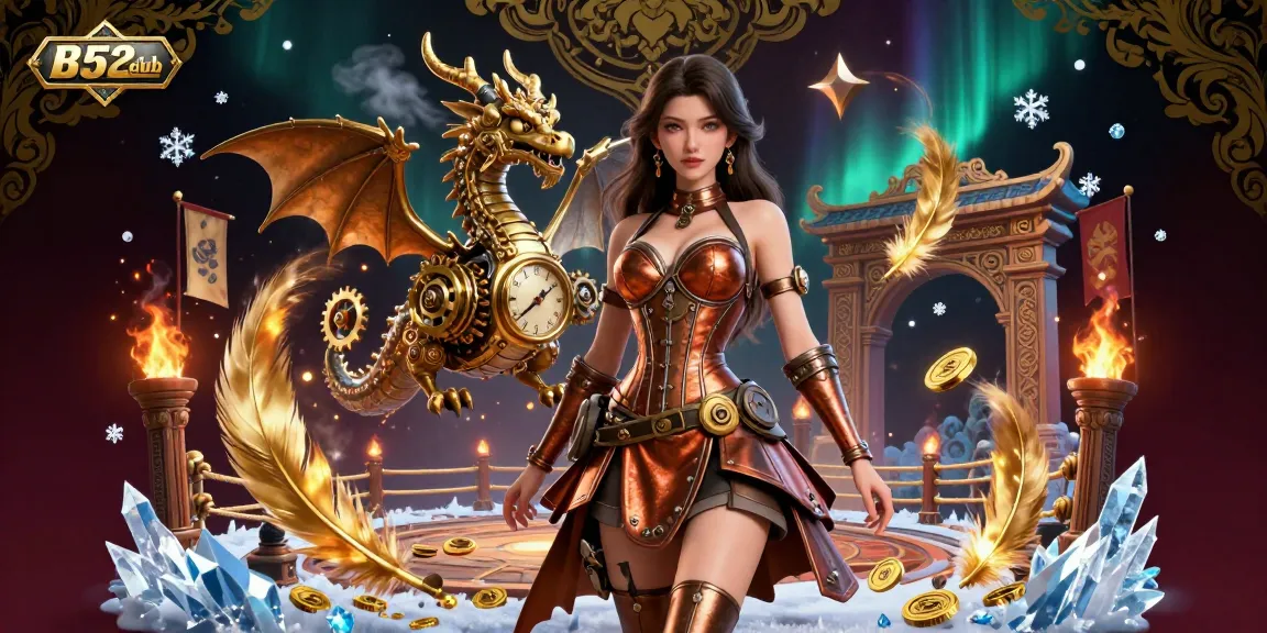 Battle with excitement at B52club featuring a dynamic casino scene with steampunk elements and treasure.