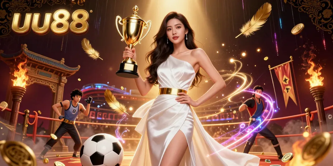 Experience the thrill of sports betting at uu88 with a victorious Asian woman and dynamic casino elements.