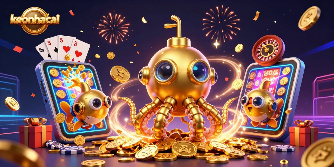 Interactive keonhacai slot gaming experience featuring a golden kraken and celebratory elements.