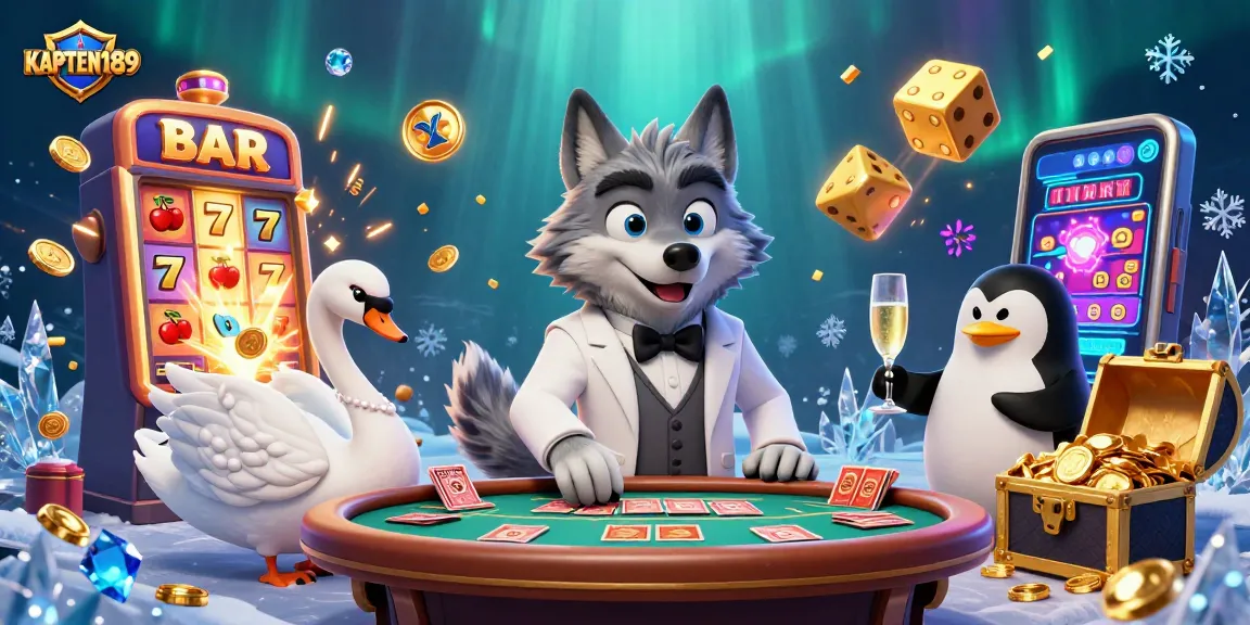 KAPTEN189 merayakan jackpot di kasino dengan karakter kartun dan elemen slot berkilau.