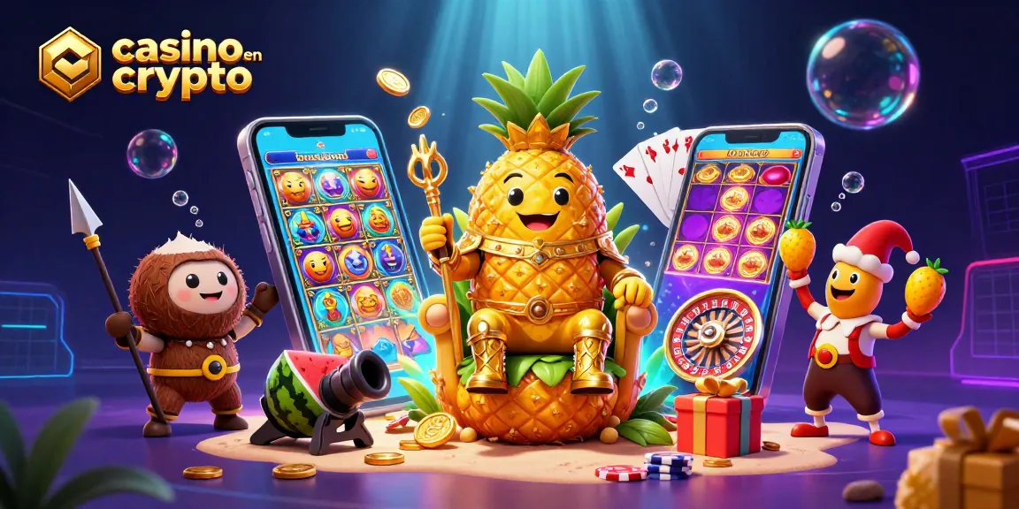 Casino en crypto : illustration de machines à sous et personnages jouant sur une plateforme sécurisée et amusante.