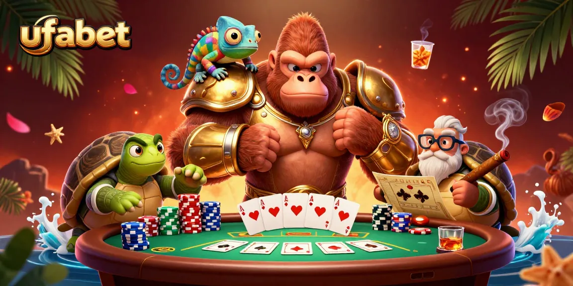 Engage with ufabet's thrilling world by watching powerful gaming characters combine strategies at a vibrant poker table.