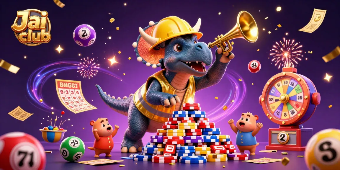Engage in thrilling games at Jai club with a vibrant scene of dinosaurs celebrating wins in a colorful casino