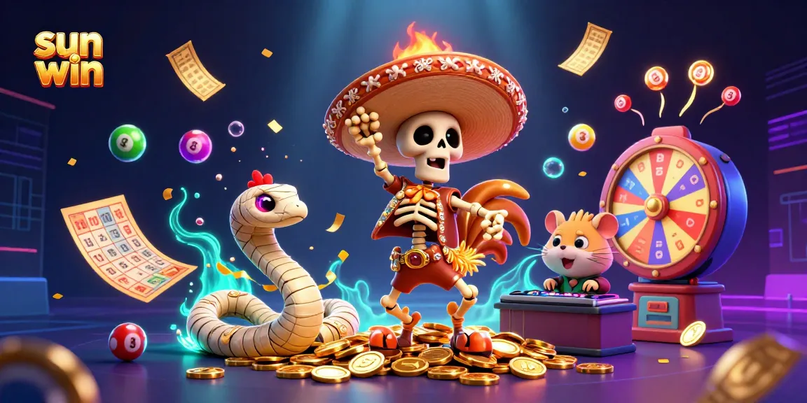 Engage with sun win's thrilling action featuring a dynamic casino scene with colorful elements and exciting characters.