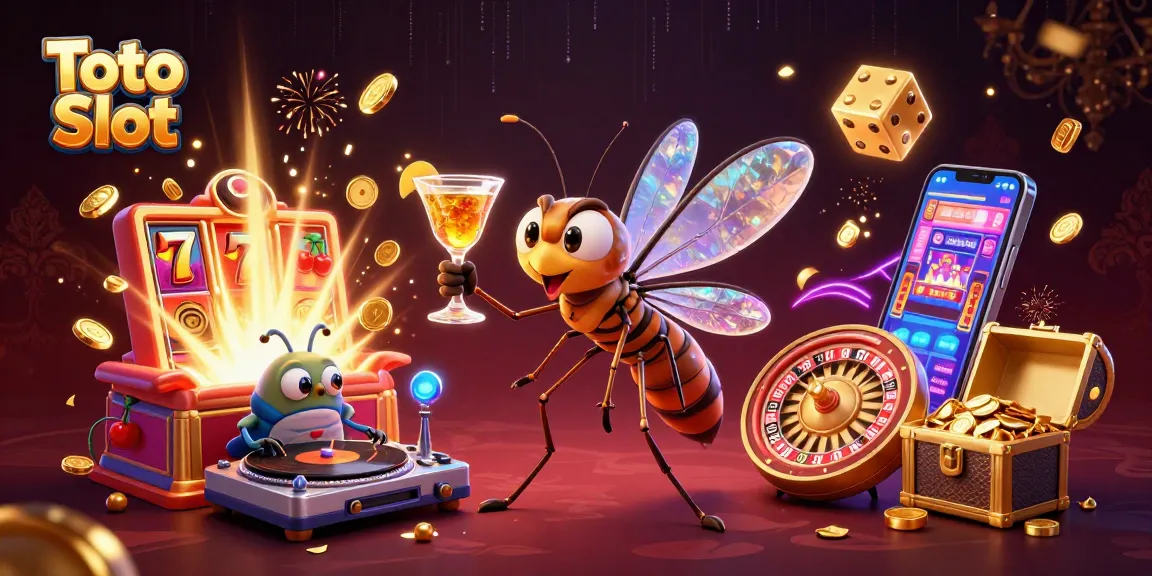 Experience thrilling Toto Slot gaming action with a vibrant 3D illustration featuring various casino elements.