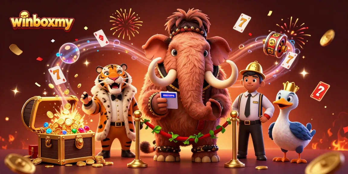 WinboxMY: Engaging scene of a woolly mammoth security at a vibrant casino entrance, with dynamic games and golden sparkles.
