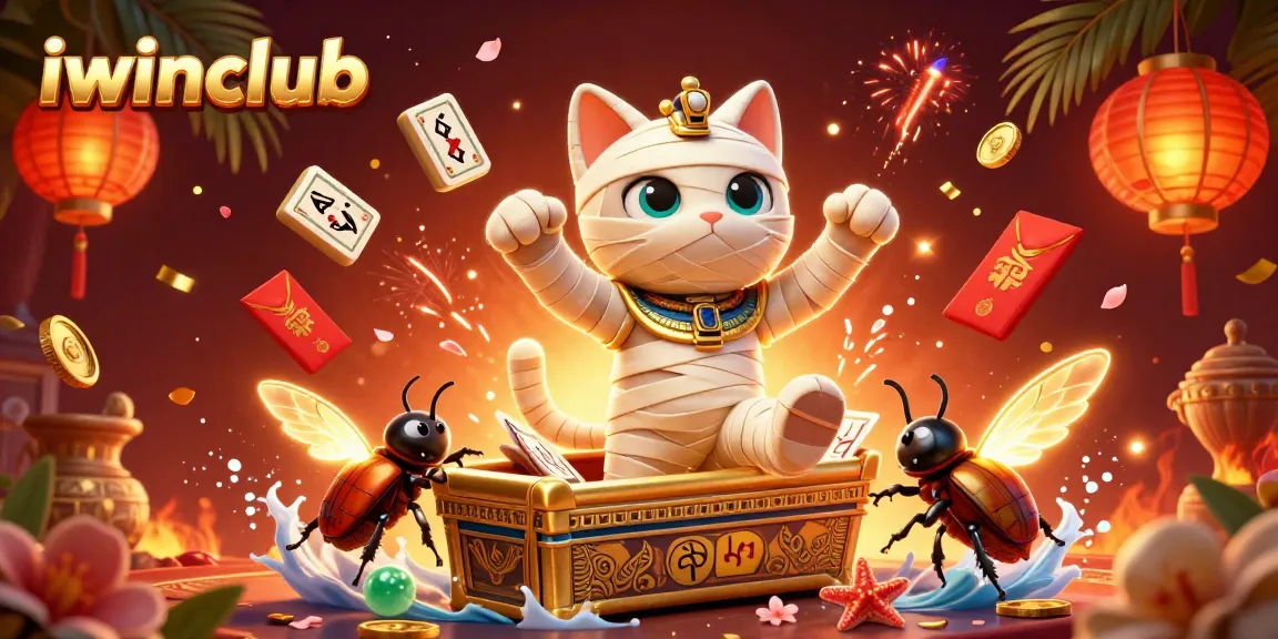 Experience the excitement of iwinclub with a vibrant 3D casino scene featuring a mummy cat and scarab.