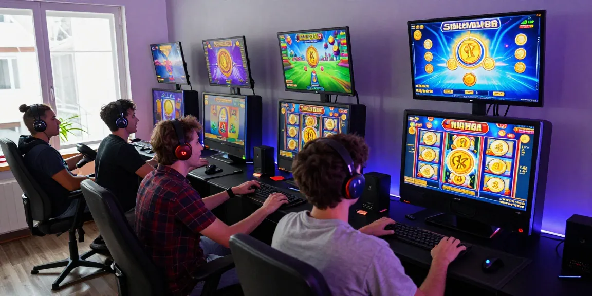 Engaged players enjoying the Spaceman88 slot game at a modern gaming setup, capturing the thrill of online gaming.