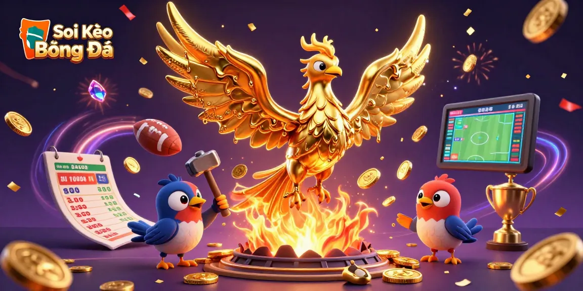 Soi Kèo Bóng Đá captivates with a vibrant sports betting scene featuring a golden phoenix and betting elements.