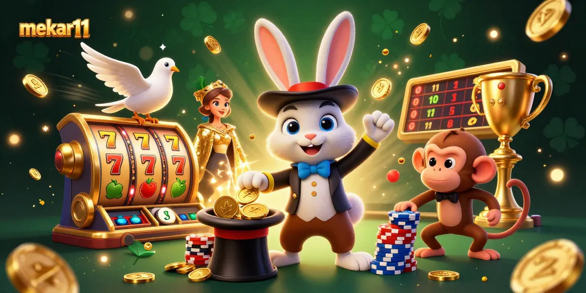Experience excitement with mekar11 casino illustration featuring a magician rabbit pulling in jackpots and coins.
