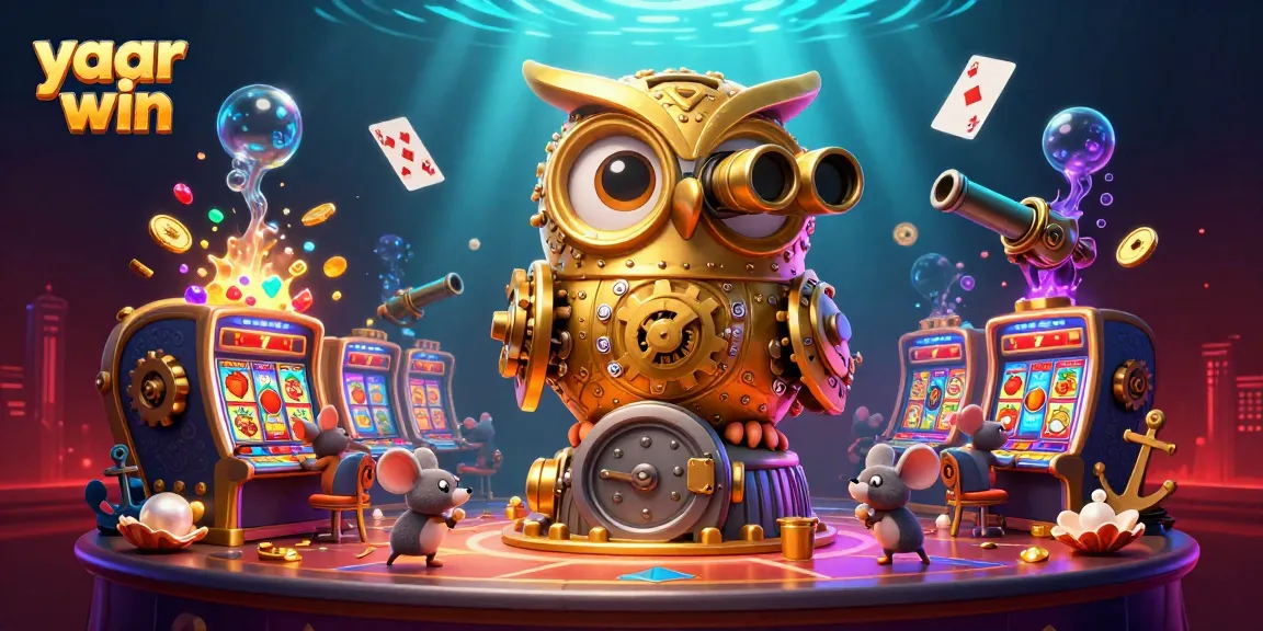 Experience thrilling wins at yaar win with a captivating 3D illustration of a golden owl and casino elements.