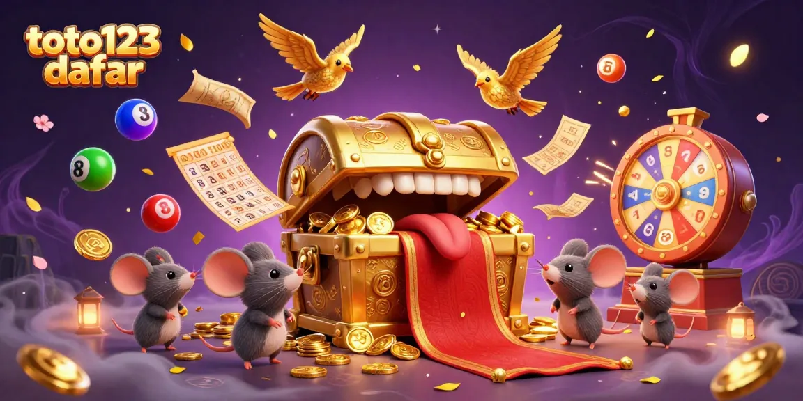 Join the fun with toto123 daftar as golden treasure and colorful lottery elements create a vibrant gaming scene.