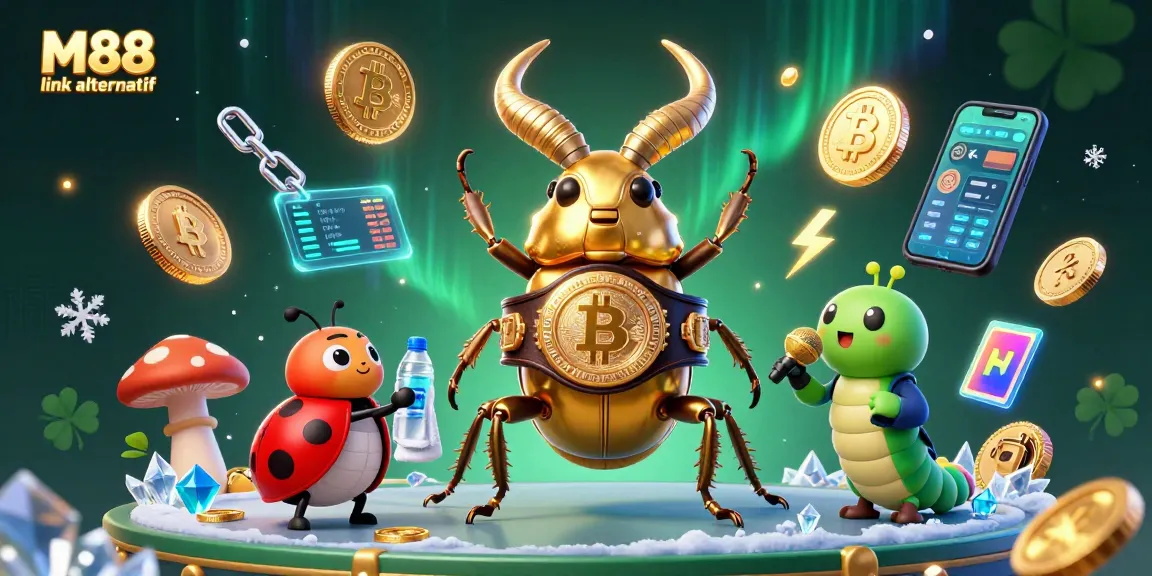 M88 link alternatif offers a vibrant 3D illustration of a golden stag beetle and colorful characters in a bustling casino environment.