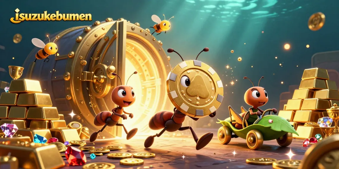 Ants carry a golden poker chip in the exciting isuzukebumen heist scene.