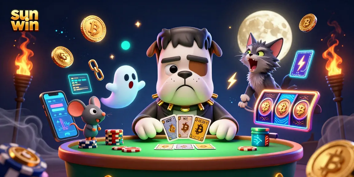 Engage in thrilling card action at sun win with dynamic 3D characters and casino elements.