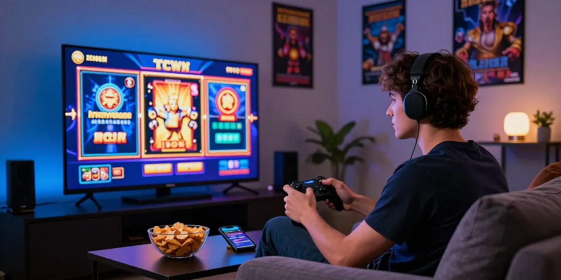 Engaging scene of a person playing slot online games in a modern living room setting, showcasing a vibrant gaming atmosphere.