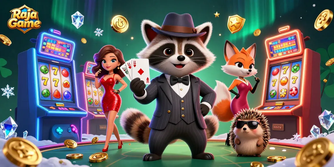 Experience the thrill with Raja Game, featuring characters enjoying exciting slot gameplay in a vibrant casino atmosphere.