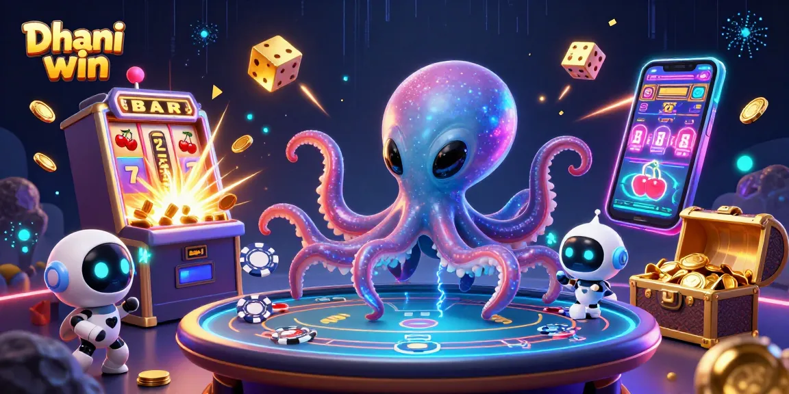 Engage in thrilling gameplay at Dhani win with a colorful 3D casino-themed illustration.