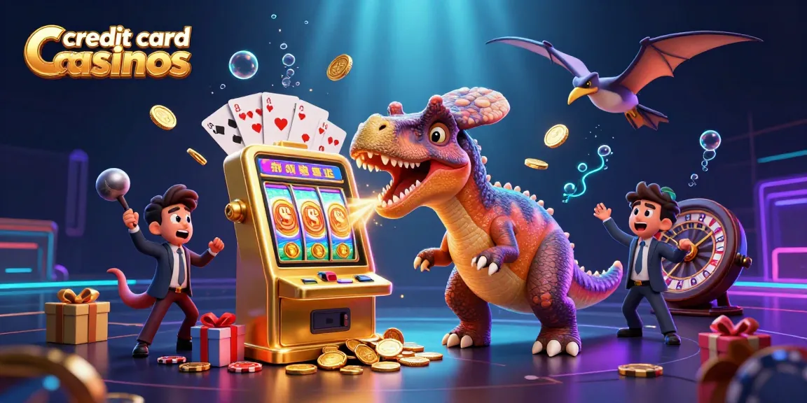 Winning at credit card casinos: a cartoon dinosaur triggers jackpot coins from a golden slot machine