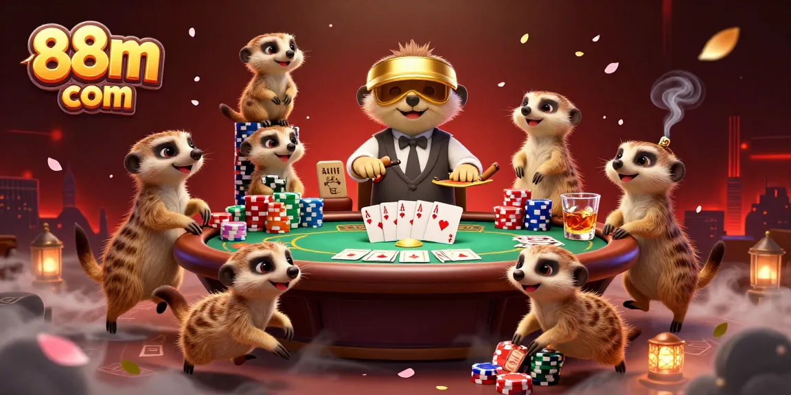 Engage with thrilling poker games at 88m com featuring a lively meerkat casino scene.