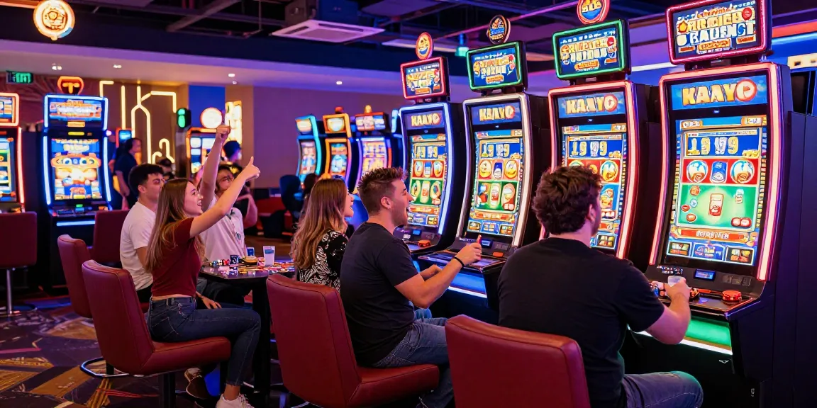 Players enjoying bonus buy slots at a lively casino environment filled with excitement and colorful lights
