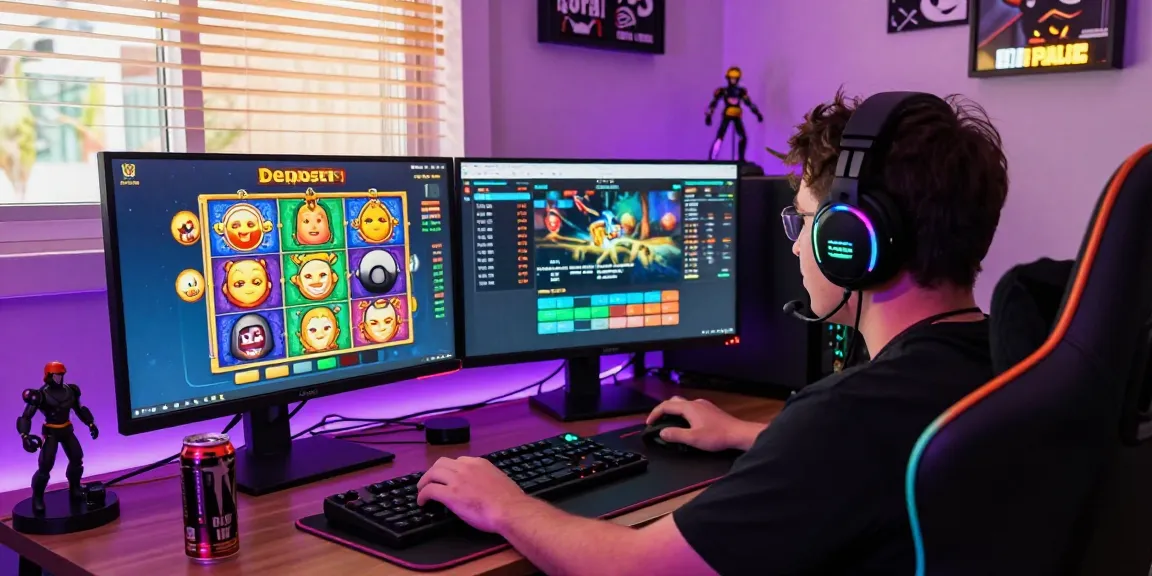Immersive online gaming atmosphere with a player enjoying slot deposit pulsa on dual monitors.