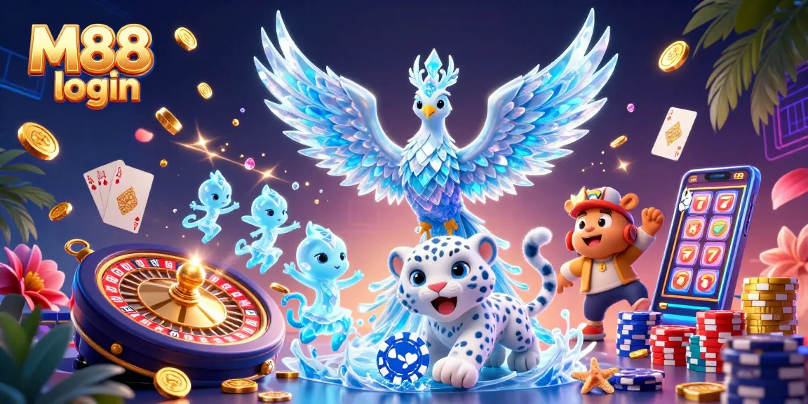 M88 login to access an exciting 3D illustration featuring a magical phoenix and vibrant casino elements.