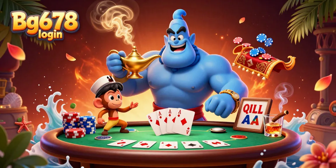 Engage with Bg678 login as the genie grants winning poker opportunities in a lavish casino scene.