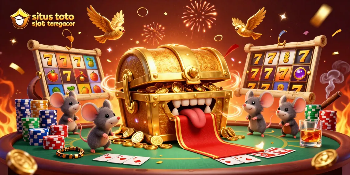 Spin the reels of situs toto slot tergacor with a whimsical golden treasure chest and adventure-filled elements.