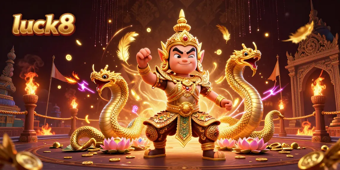Experience luck8's vibrant energy with a 3D guardian and Naga serpents amidst golden casino elements.