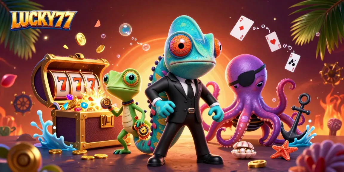 Experience luck with LUCKY77 in this engaging casino scene featuring vibrant characters.