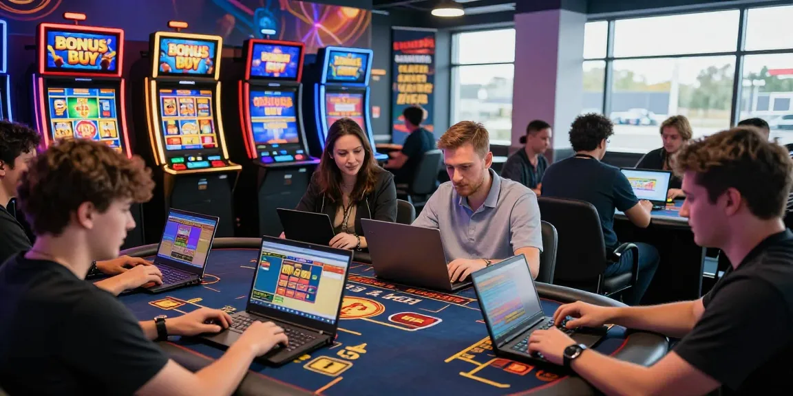 Online casino players engaging at casinos not on Gamstop, showcasing diverse games and vibrant lounge atmosphere.