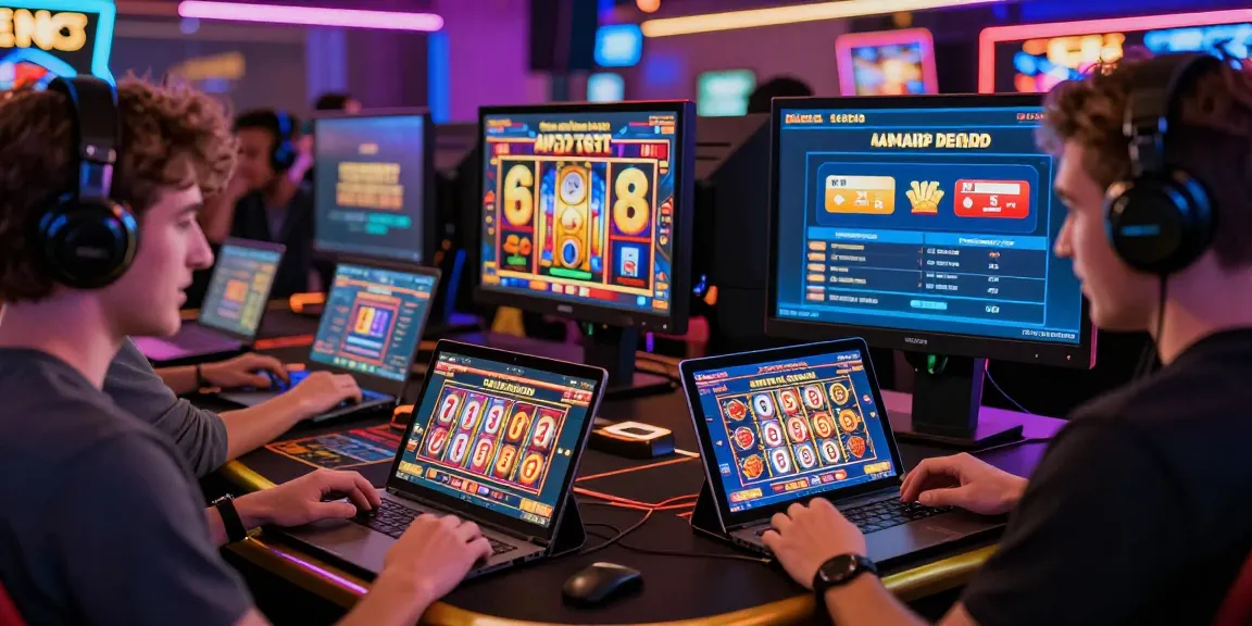 Exciting scene of players using casinos that take credit cards on laptops and smartphones, showcasing vibrant gaming atmosphere.