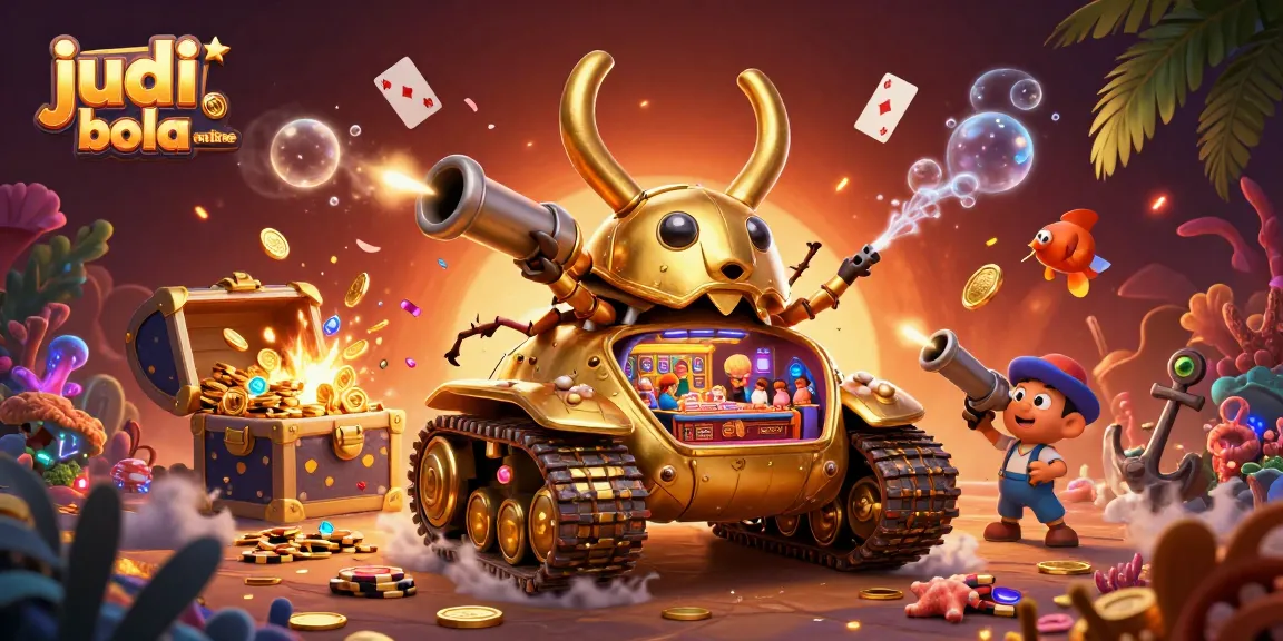 Bet big with judi bola online showcasing dynamic imagery of a casino scene inside a giant gold beetle tank.