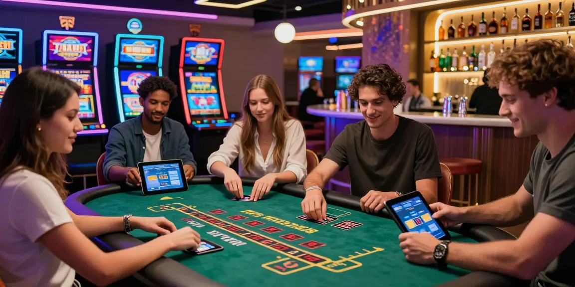 Exciting atmosphere at credit card casinos with players enjoying games, diverse group and vibrant lighting.